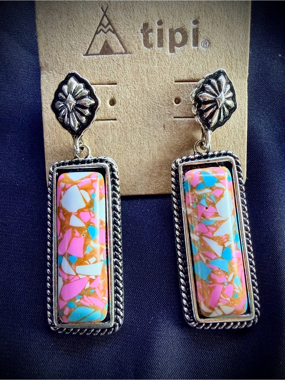Tipi Pink & Turquoise Mosaic Rectangle Drop Earrings